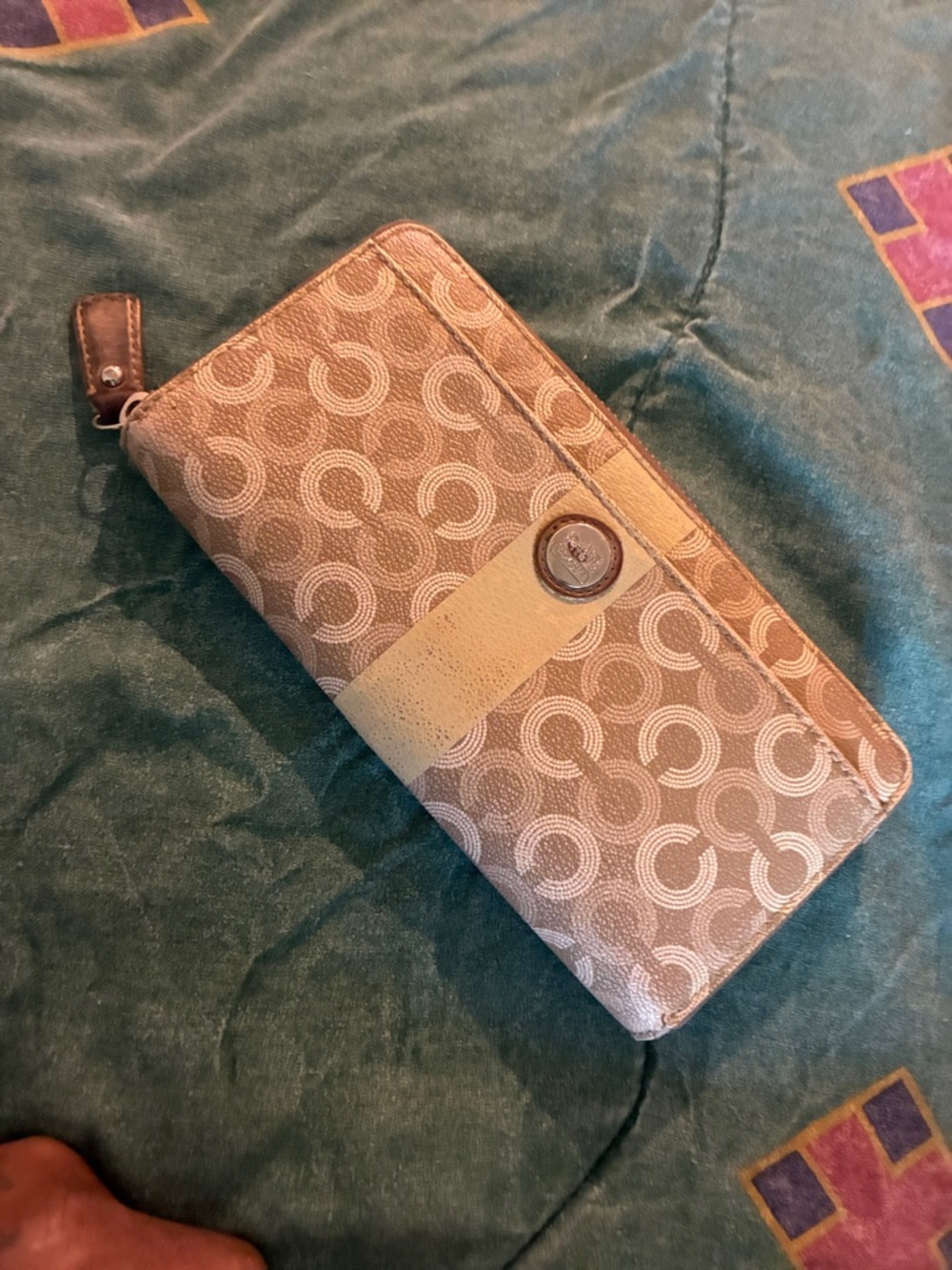 Coach Beige and Tan Signature Zip Wallet